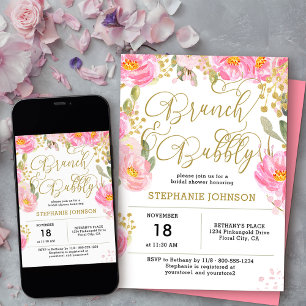 Brunch & Bubbly Pink Gold Florales Brautbad Einladung