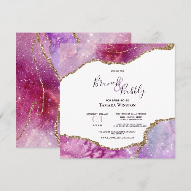 Brunch & Bubbly Pink Lila Gold Agate Dusche Einladung (Vorne/Hinten)