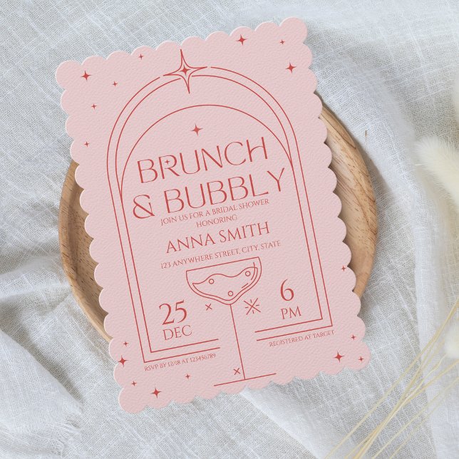 Brunch & Bubbly Retro Rosa Brautparty Einladung (Brunch & Bubbly, Retro Pink and Red Wavy Bridal Shower Invitation)