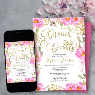 Brunch & Bubbly Rosa und Goldene Florale Brautpart Einladung