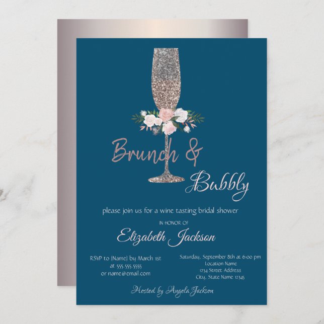 Brunch & Bubbly Rose Gold Brautparty Einladung (Vorne/Hinten)