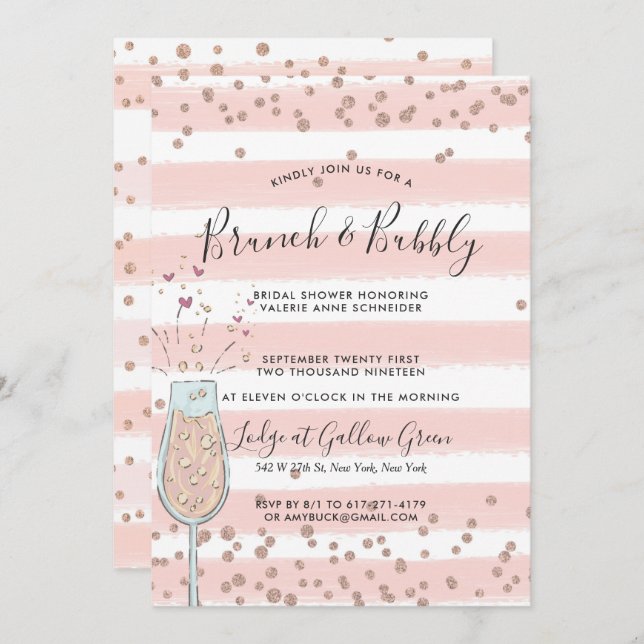 Brunch & Bubbly Rose Gold Champagner Brautparty Einladung (Vorne/Hinten)