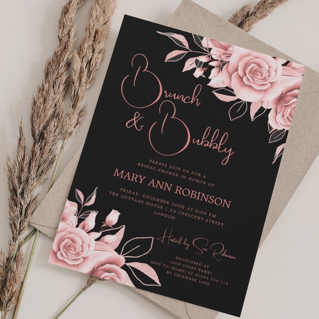 BRUNCH BUBBLY Rose Gold Floral Brautparty Black Einladung (BRUNCH BUBBLY Rose Gold Floral Bridal Shower Black Invitation)