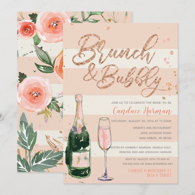Brunch & Bubbly Rose Gold Glitzer Brautparty Einladung (Vorne/Hinten)