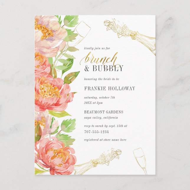 Brunch & Bubbly Rose & Gold Glitzer Brautparty Einladungspostkarte (Vorderseite)
