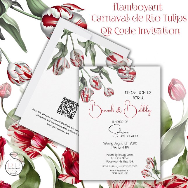 Brunch & Bubbly | Rote und weiße Rembrandt Tulips Einladung (Stunning Red and White Carnaval de Rio Tulips Brunch and Bubbly with QR code for further information)