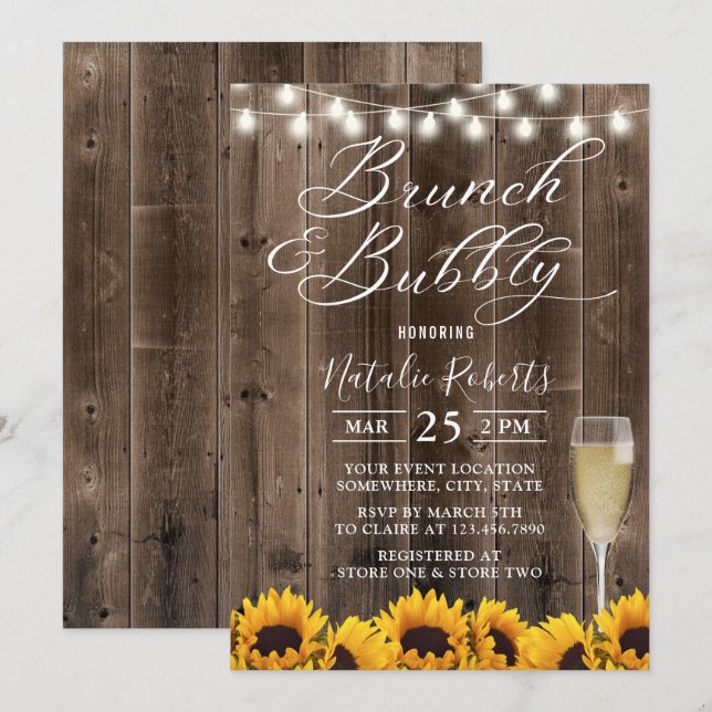Brunch & Bubbly Rustic Sunflower Brautparty Einladung (Vorne/Hinten)