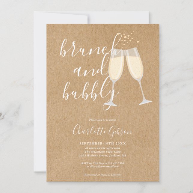 Brunch Bubbly Script Brautparty Rustic Kraft Einladung (Vorderseite)