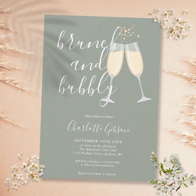 Brunch Bubbly Script Brautparty Sage Green Einladung (Brunch Bubbly Script Bridal Shower Sage Green Invitation)