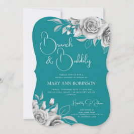 BRUNCH & BUBBLY Silver Floral Brautparty Aquamarin Einladung