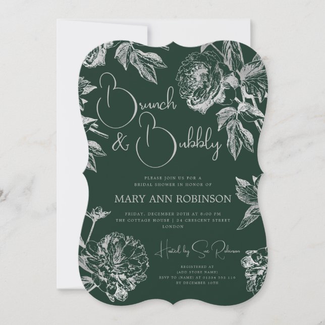 BRUNCH BUBBLY Silver Floral Brautparty Emerald Einladung (Vorderseite)