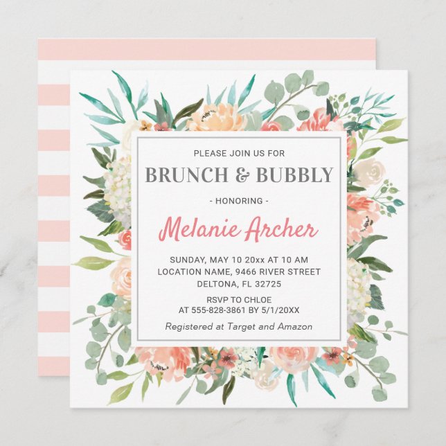 Brunch Bubbly Spring Peach Brautparty Einladung (Vorne/Hinten)