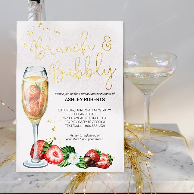 Brunch Bubbly Strawberry Champagne Brautparty Folieneinladung (Gold Foil bridal shower invitation from my Strawberries and Champagne bridal shower collection)