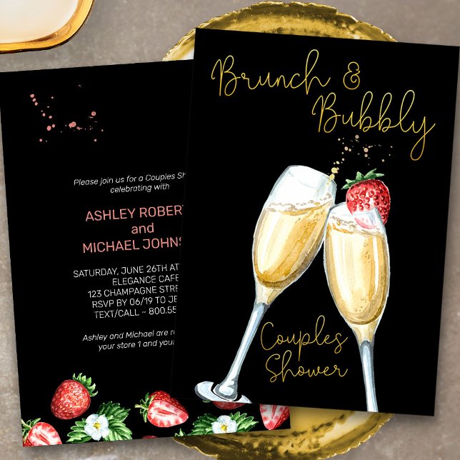 Brunch Bubbly Strawberry Champagner Couples Dusche Einladung (Brunch & Bubbly Champagne and Strawberries Couples Shower Invitation)