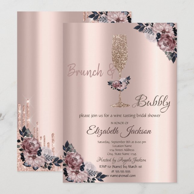 Brunch & Bubbly Tropfens Brautparty Einladung (Vorne/Hinten)