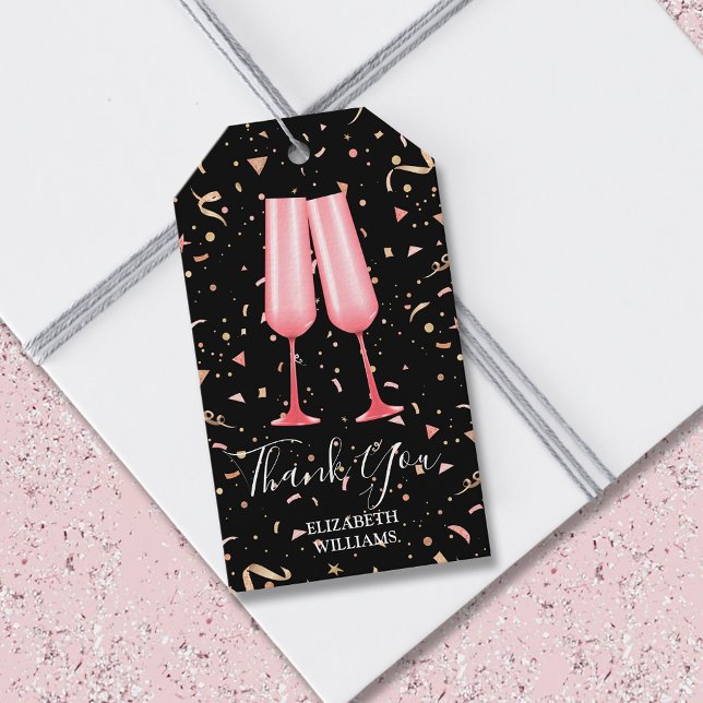 Brunch Bubbly Vielen Dank Brautparty Black Geschenkanhänger (Brunch and bubbly pink champagne glasses bridal shower black thank you gift tags)