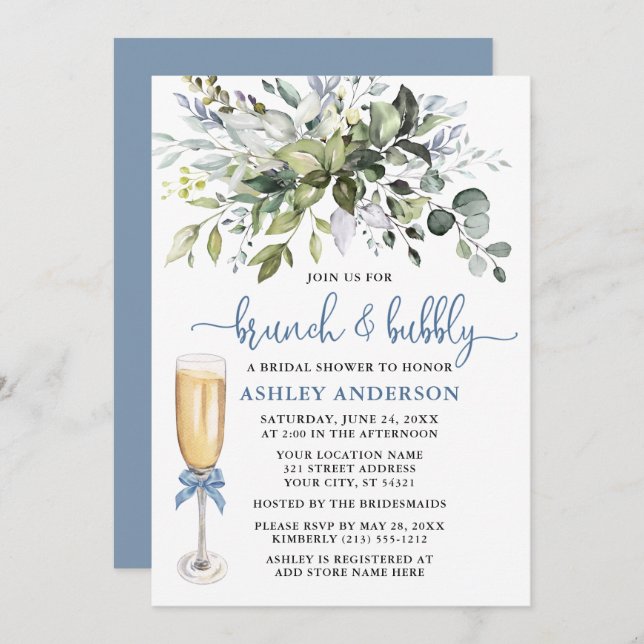 Brunch Bubbly Watercolor Greenery Dusty Blue Einladung (Vorne/Hinten)