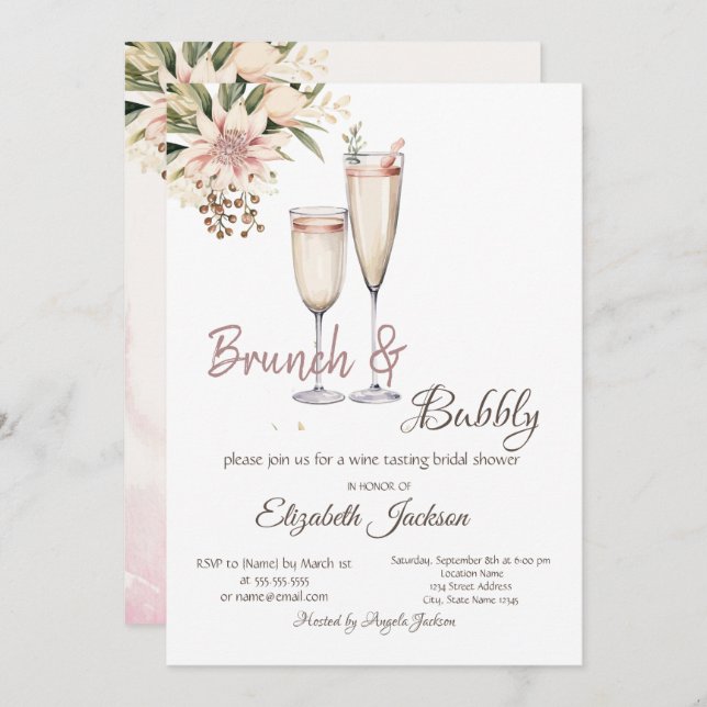 Brunch & Bubbly Weinglas Brautparty Einladung (Vorne/Hinten)