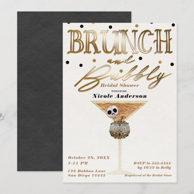 Brunch & Bubbly Wine Gold Halloween Brautparty Einladung (Vorne/Hinten)