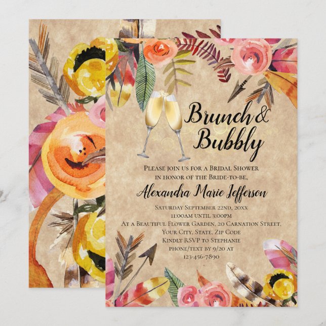 Brunch Bubby Feather Arrow Blume Brautparty Einladung (Vorne/Hinten)