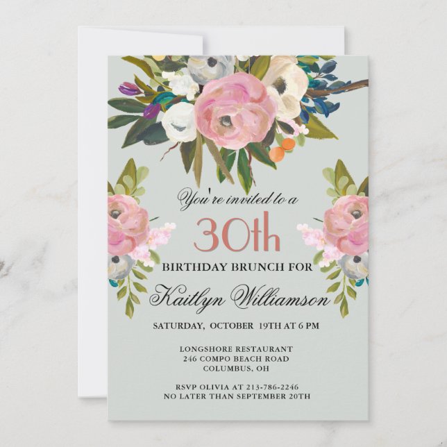 Brunch Elegant Handpainted Floral 30th Birthday  Einladung (Vorderseite)