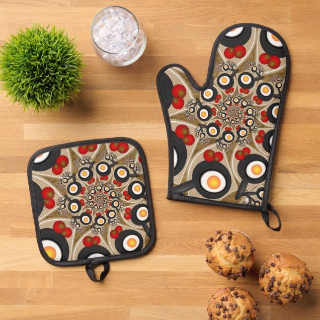 Brunch Fraktal Art Funny Food, Tomaten, Eier Ofenhandschuh & Topflappen-Set (Oben Unten)