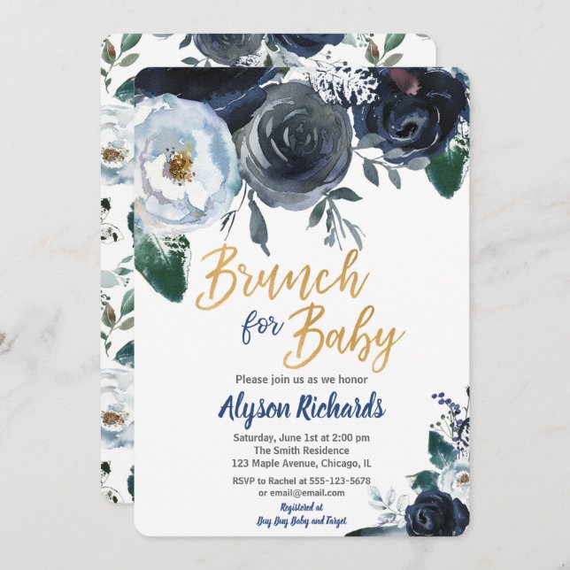 Brunch für Baby Dusche Einladungen Peony blau (Vorne/Hinten)