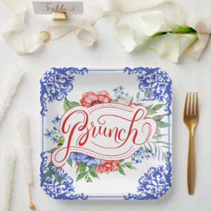 Brunch in Rot, Weiß und Blau Dusche Pappteller