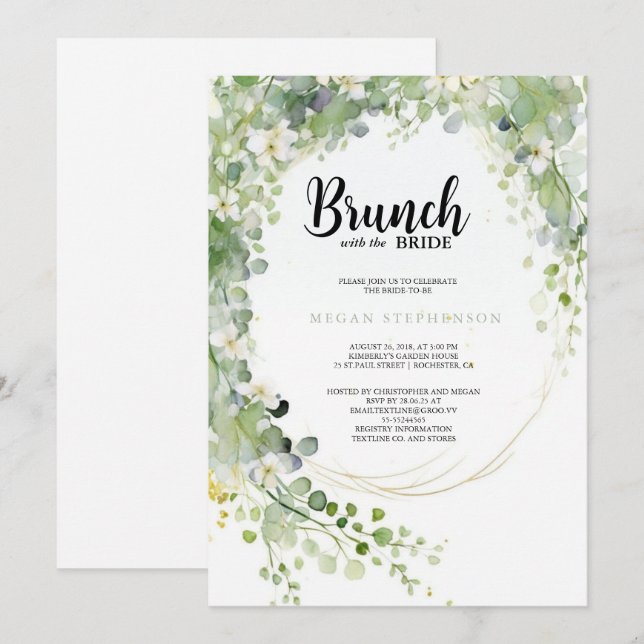 Brunch mit dem Bride Gold Greenery Brautparty Einladung (Vorne/Hinten)