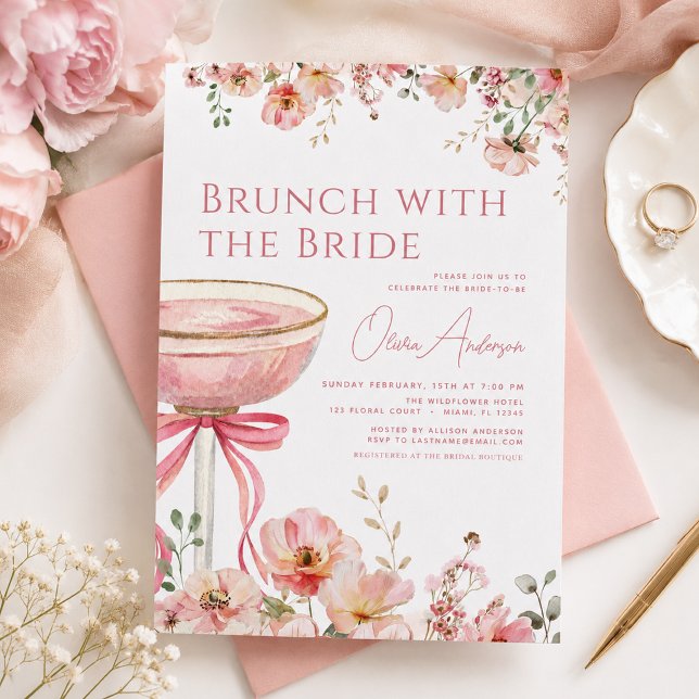 Brunch mit dem Bride Pink Bow Brautparty Einladung (Von Creator hochgeladen)
