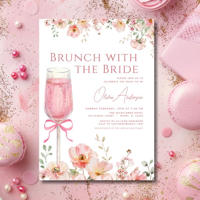 Brunch mit dem Bride Pink Bow Brautparty Einladung (Von Creator hochgeladen)