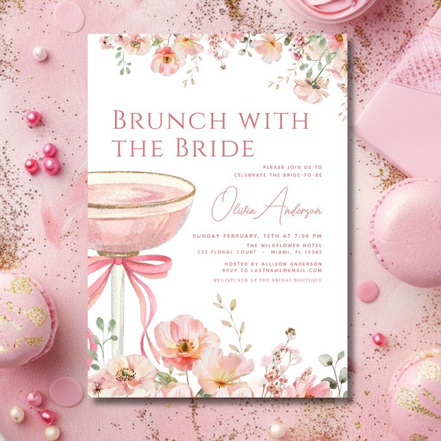 Brunch mit dem Bride Pink Bow Brautparty Einladung (Von Creator hochgeladen)