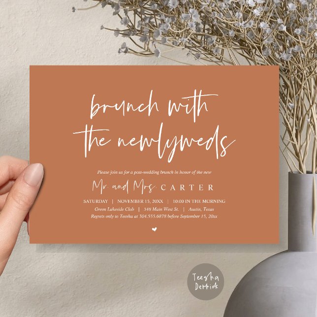 Brunch mit den Neuvermählten, Hochzeit, in Kupfer Einladung (Brunch with the newlyweds, post wedding elopement invitation card, pdf, in copper rust brown)