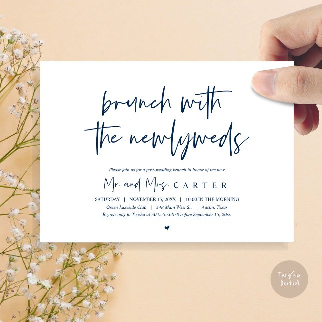 Brunch mit den Neuvermählten, Post Hochzeit, Navy  Einladung (Brunch with the newlyweds, post wedding elopement invitation card, pdf, in navy blue)