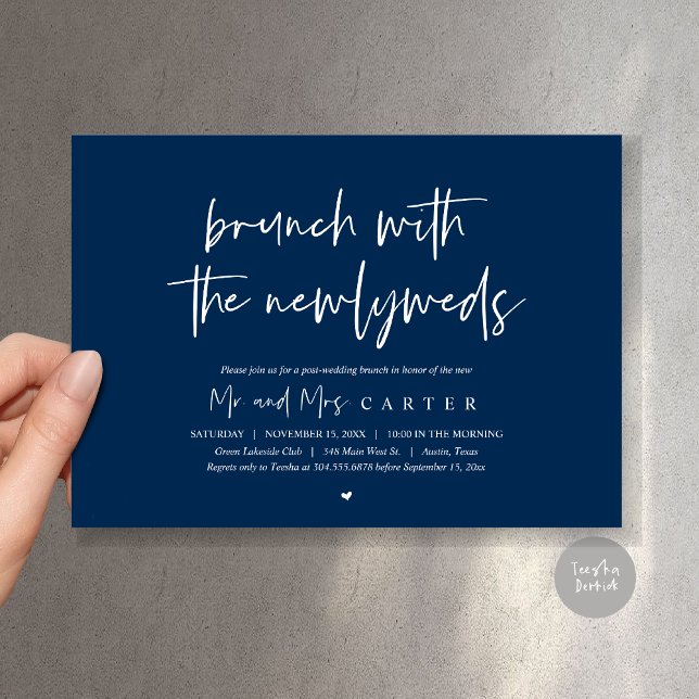 Brunch mit den Neuvermählten, Post Hochzeit, Navy  Einladung (Brunch with the newlyweds, post wedding elopement invitation card, pdf, in navy blue)