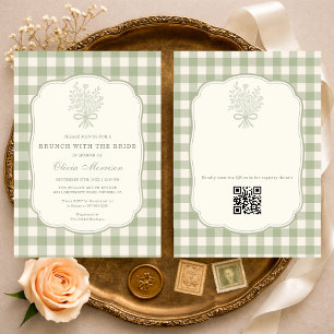 Brunch mit der Braut Gingham QR Code Hochzeitsshow Einladung