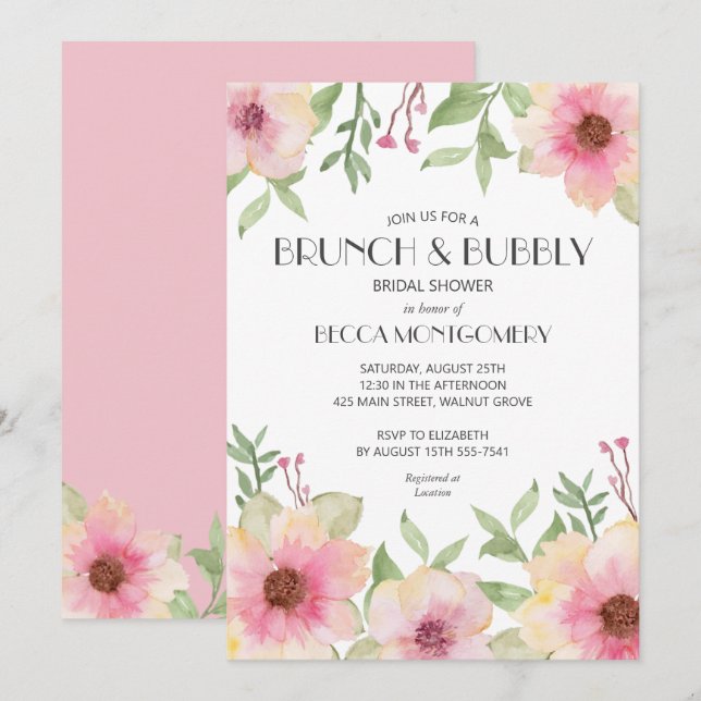 Brunch und Blubbly Blush Pink Brautparty Einladung (Vorne/Hinten)