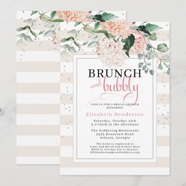 Brunch und Blubbly Blush Pink Brautparty Einladung (Vorne/Hinten)