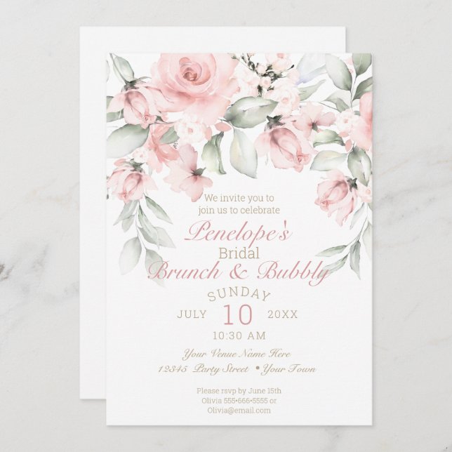 Brunch und Blubbly Blush Pink Roses Brautparty Einladung (Vorne/Hinten)