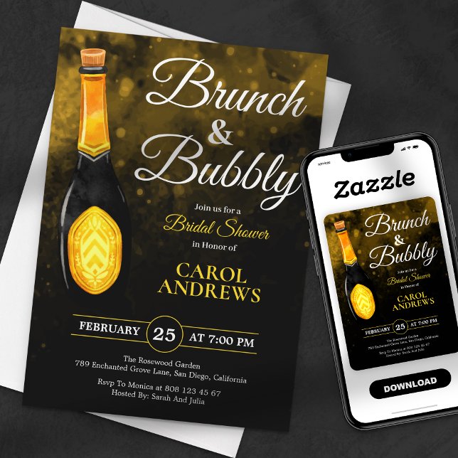 Brunch und Bubble Black & Gold Brautparty Einladung (Von Creator hochgeladen)