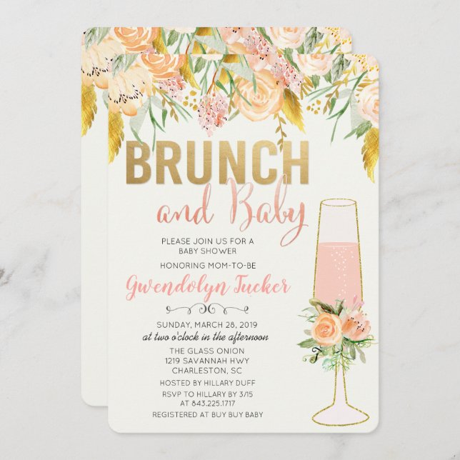 Brunch und Bubbly Baby Shower Einladung (Vorne/Hinten)