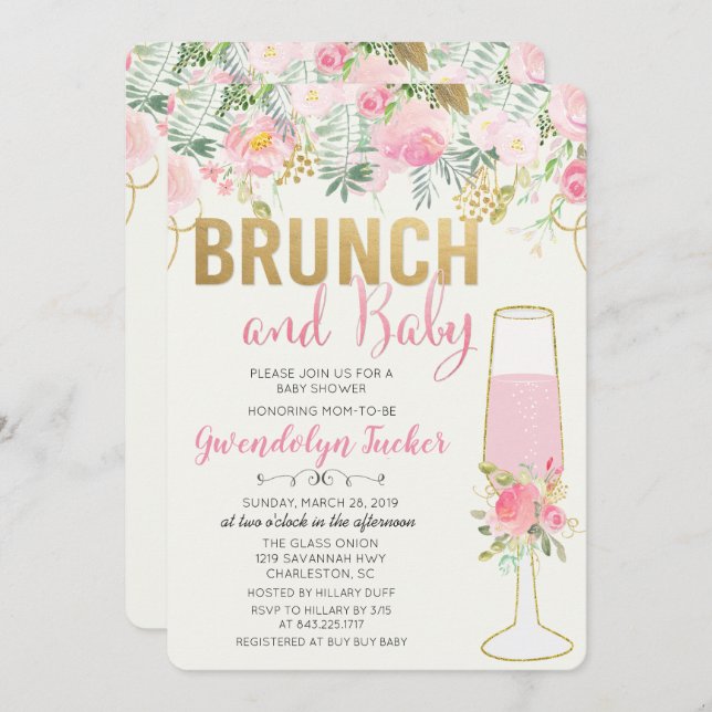 Brunch und Bubbly Baby Shower Einladung (Vorne/Hinten)