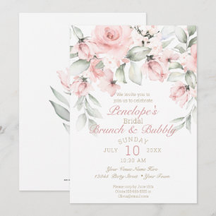 Brunch und Bubbly Blassrosa Rosen Brautparty Einladung