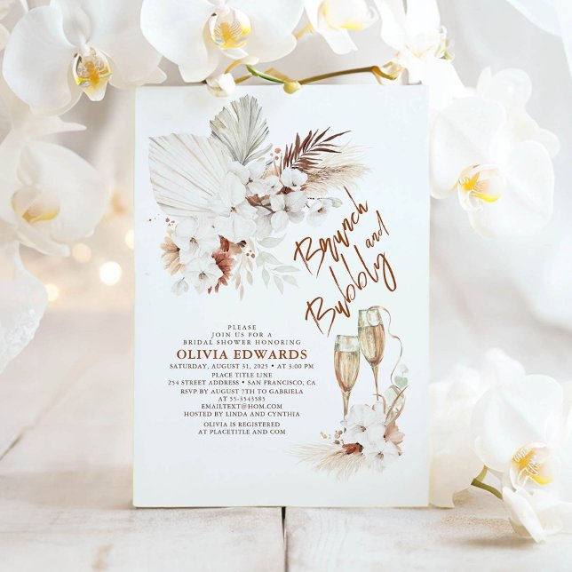 Brunch und Bubbly Boho Pampas Grass Brautparty Einladung (Brunch and Bubbly Boho Bridal Shower Invitations)