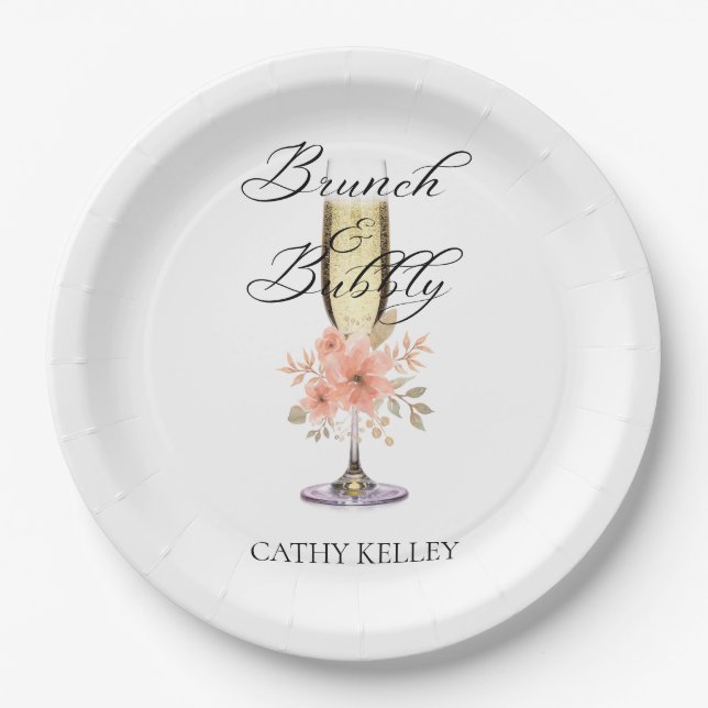 Brunch und Bubbly Brautparty 9" Runde Pappteller (Vorderseite)