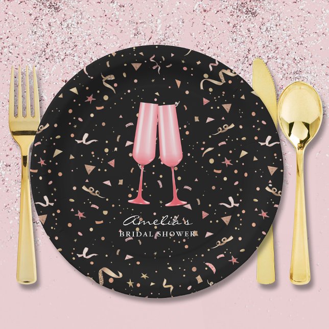 Brunch und Bubbly Brautparty Black Pappteller (Brunch and bubbly pink champagne glasses bridal shower black paper plates)