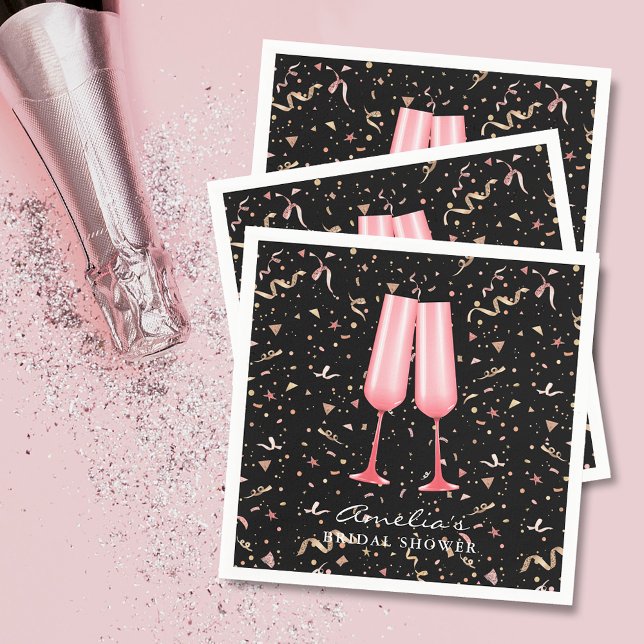 Brunch und Bubbly Brautparty Black Serviette (Brunch and bubbly pink champagne bridal shower black napkins)