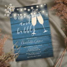 Brunch und Bubbly Brautparty Blau Rustikales Holz
