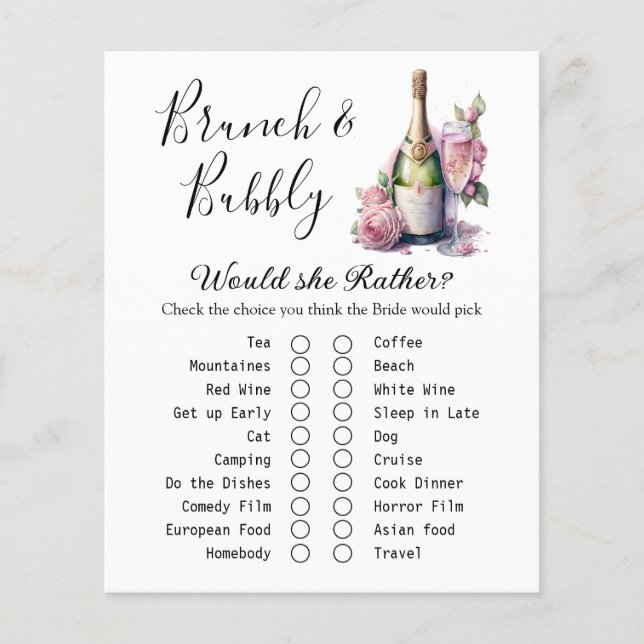 Brunch und Bubbly Brautparty Game Card (Vorderseite)