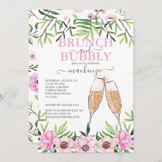 Brunch und Bubbly Brautparty Personalisiert Einladung (Vorne/Hinten)